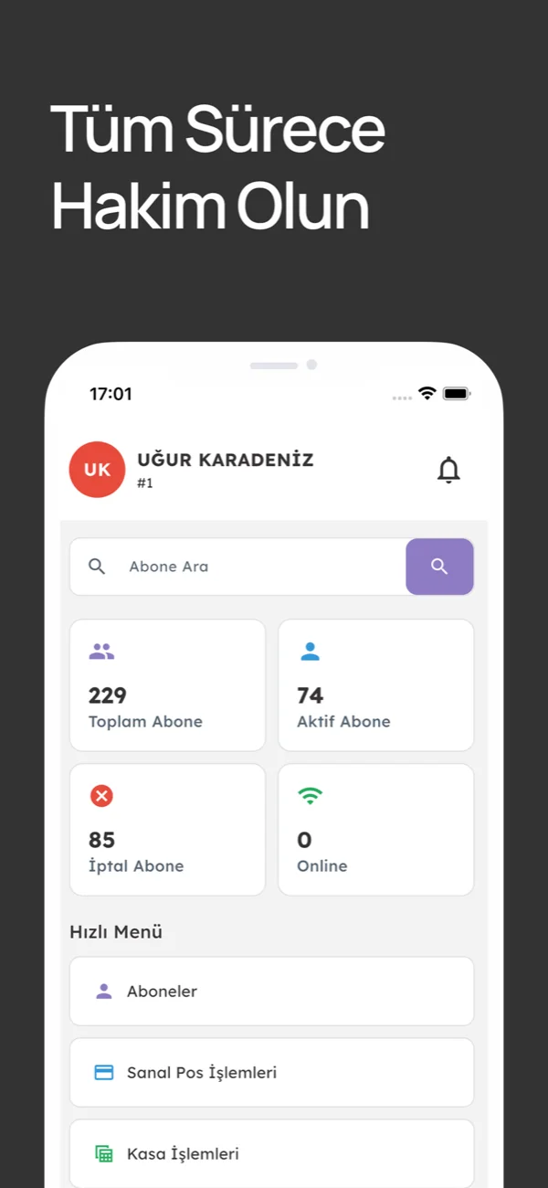 WiRadius mobil uygulaması: toplam, aktif ve iptal abone özeti ile hızlı menü