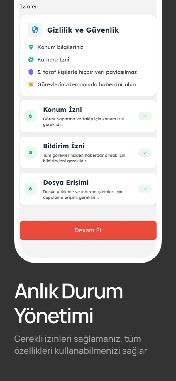 WiRadius mobil uygulaması konum, bildirim ve dosya izinleri ekranı