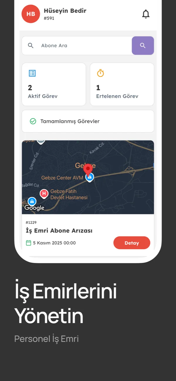 WiRadius mobil uygulaması iş emri ve harita ekranı