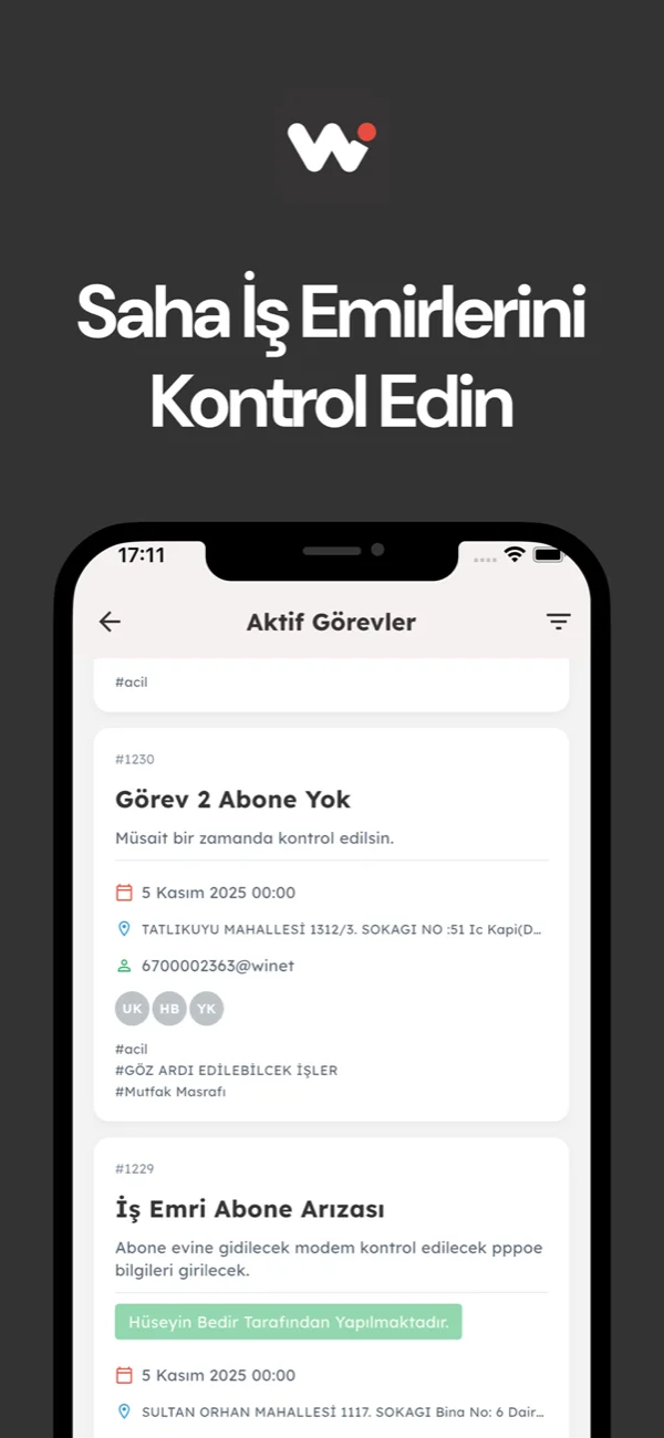 WiRadius mobil uygulaması: saha ekibine atanmış aktif görevler listesi