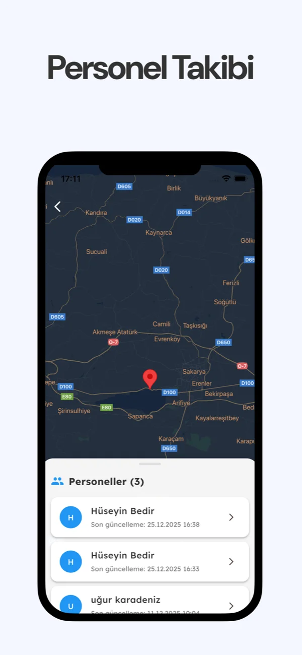 WiRadius mobil uygulaması: harita üzerinde personel takibi